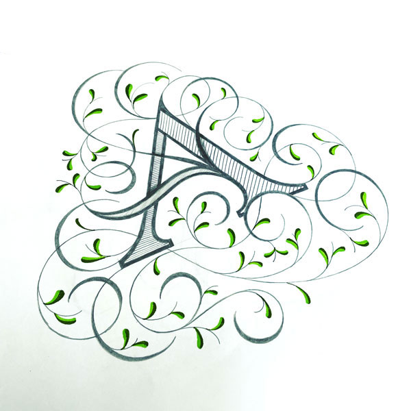 Decorated letter A with flourishes and leaves